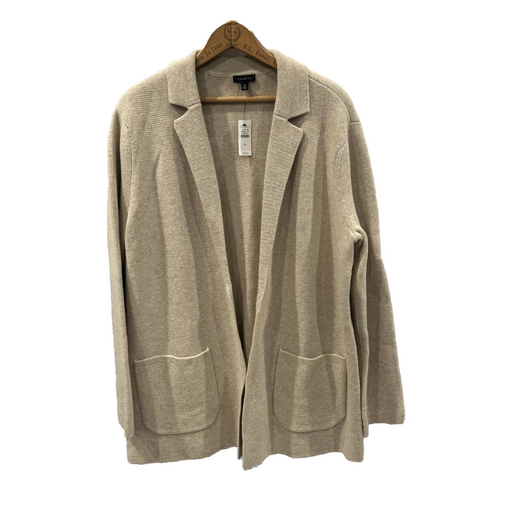 Talbots Womens Medium Sweater Wool Knit Blazer Cardigan Open Front Beige New